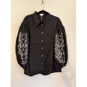 NWT Oddy Button Down Shirt Black Embroidered Puff Sleeves Size 2XL [jb]